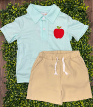 Abby and Evie Blue Apple Embroidery Boy Set w/ Beige Pocket Shorts