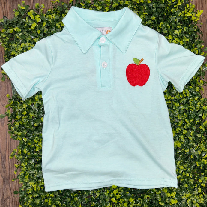 Abby and Evie Blue Apple Embroidery Boy Set w/ Beige Pocket Shorts