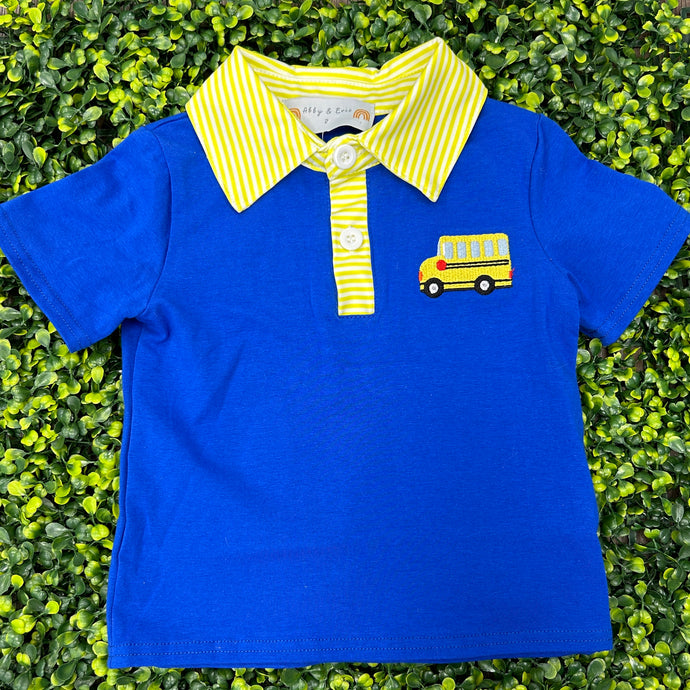 Abby and Evie Blue Bus Embroidery Back to School Boy Set