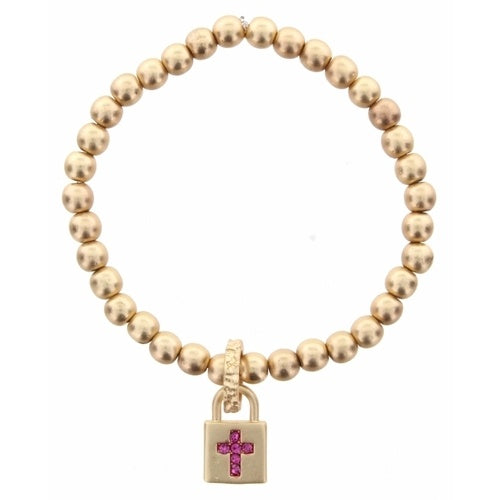 Kid's Gold Beaded with Pink Crystal Cross Lock Charm Bracelet