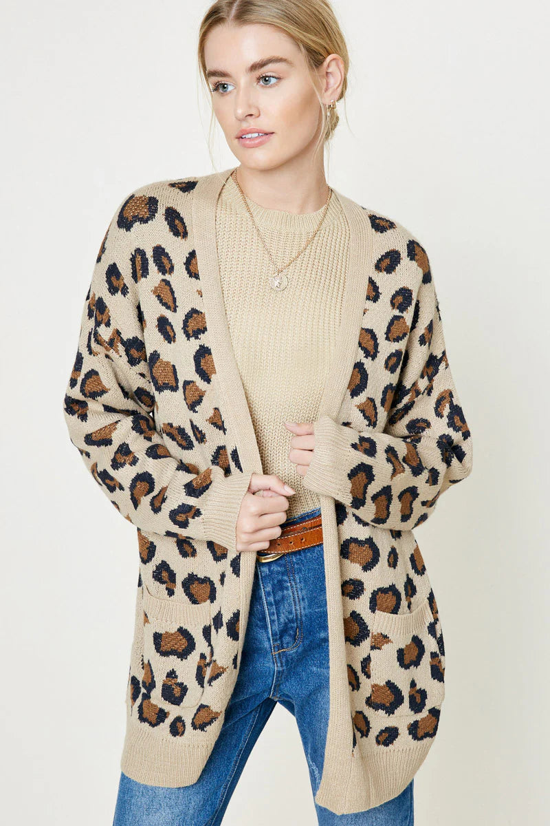 Hayden Women's Leopard Knit Sweater Cardigan in Tan