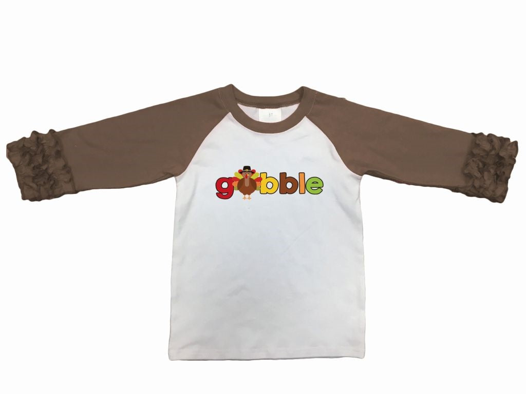 Gobble Brown Ruffle 3/4 Sleeve T-shirt