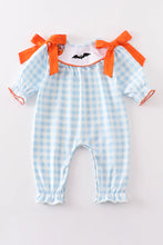 Abby and Evie Blue plaid Halloween embroidery girl romper