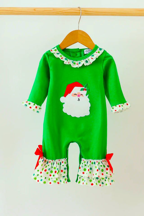 Abby & Evie Green Santa Claus Applique Ruffle Romper