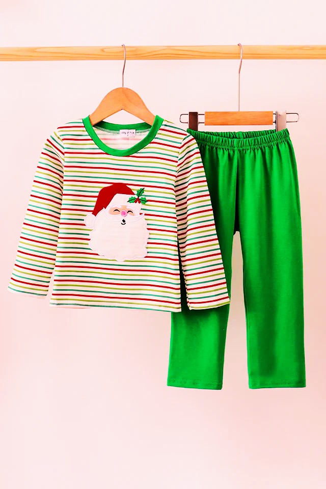 Abby & Evie Green Sant Claus Applique Pants Set