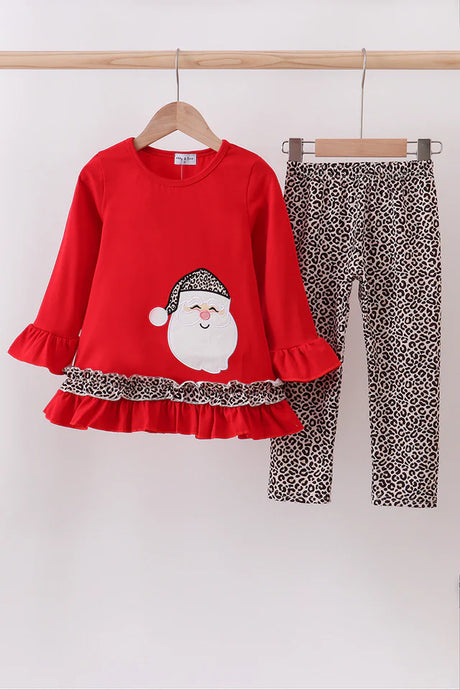 Abby & Evie Red Santa Claus Applique Leopard Ruffle Pants Set