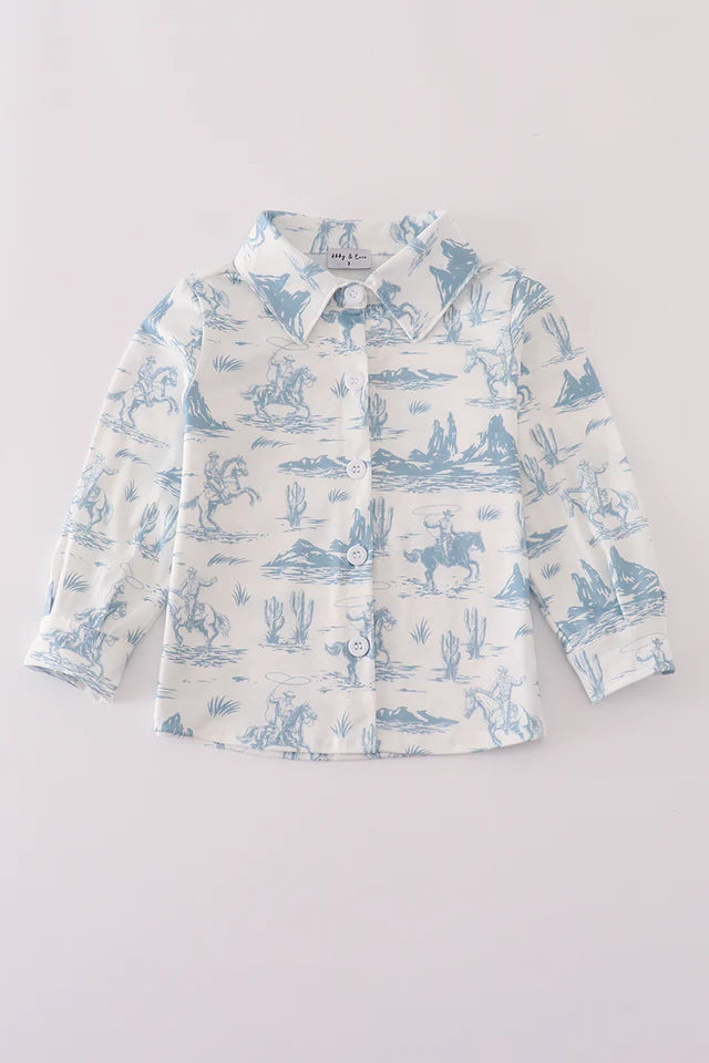 Abby & Evie Blue Cowboy Print Button Down Shirt