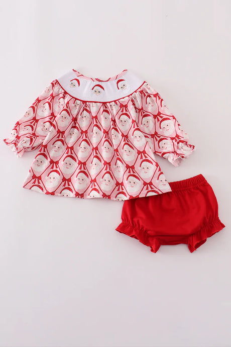 Abby & Evie Red Santa Claus Smocked Bloomer Set