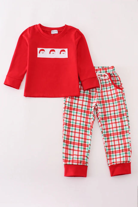 Abby & Evie Red Santa Claus Embroidery Plaid Pants Set