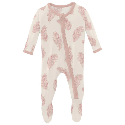 Kickee Pants Print Muffin Ruffle Footie with Zipper in Natural Feathers