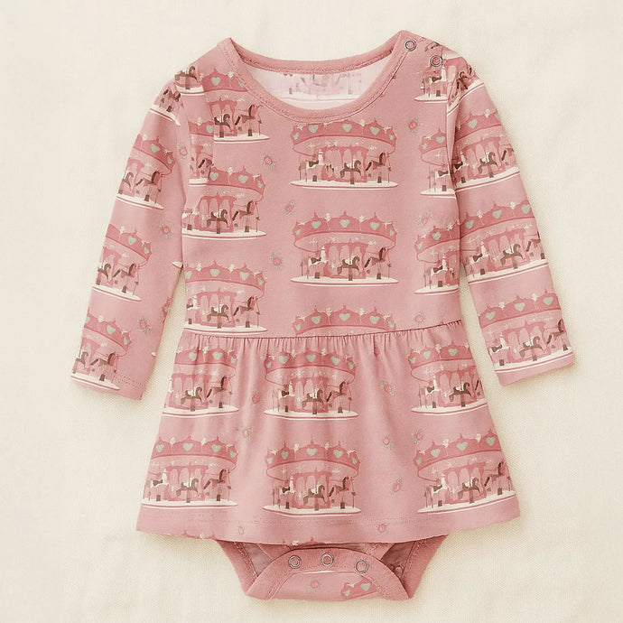 Kickee Pants Print Long Sleeve Skirted One Piece in Baby Rose Fair Carousel