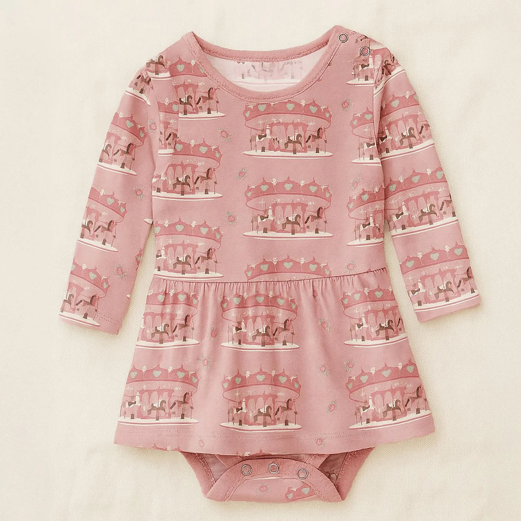 Kickee Pants Print Long Sleeve Skirted One Piece in Baby Rose Fair Carousel
