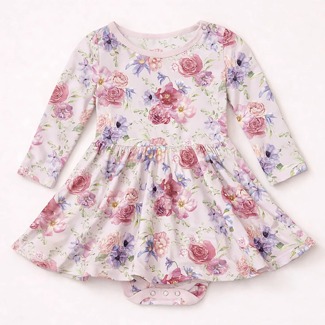 Kickee Pants Print Long Sleeve Skirted One Piece in Shrinking Violet Dreamy Floral