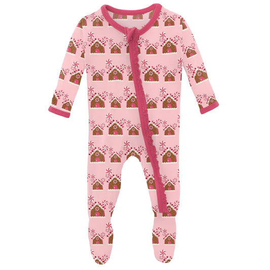 KICKEE PANTS PRINT MUFFIN RUFFLE FOOTIE WITH ZIPPER in Lotus Gingerbread