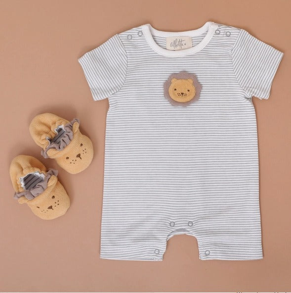 EFL Kids Applique Leo Lion Grey Stripe Baby Romper