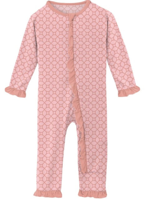 KicKee Pants Print Classic Ruffle Coverall with Zipper in Blush Spring Lattice