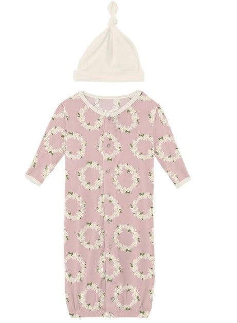 KicKee Pants Print Layette Gown Converter & Single Knott Hat Set in Baby Rose Daisy Crown