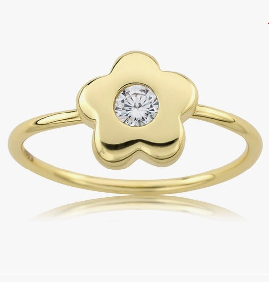 Lmts 14k Gold Plated Flower Ring w/ Clear Sapphire Stone