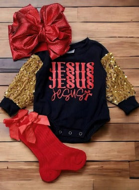 Jesus Gold Sequins Sleeve Baby Romper
