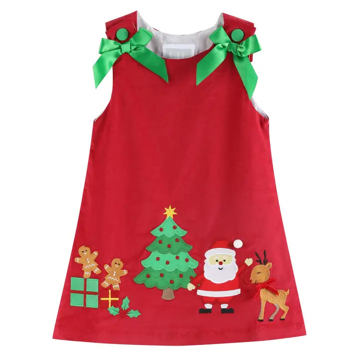 Lil Cactus Red Corduroy Christmas Applique Bow Dress