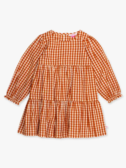 Rugged Butts Girls Classic Rust Gingham Woven Long Sleeve Tiered Twirl Dress