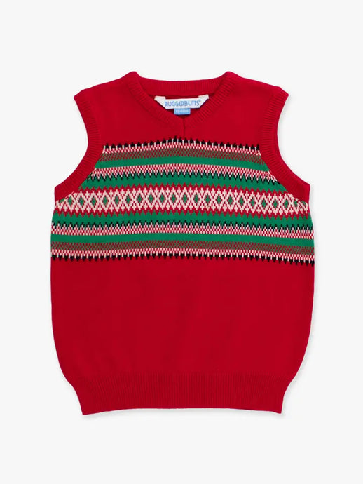 Rugged Butts Boys Christmas Fair Isle Red V-Neck Sweater Vest