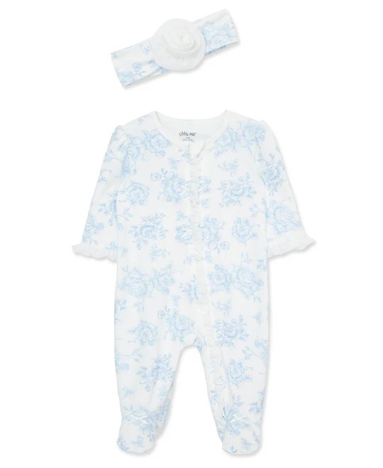 Little me Blue Roses 2-Way-Zip Footed One-Piece And Hat