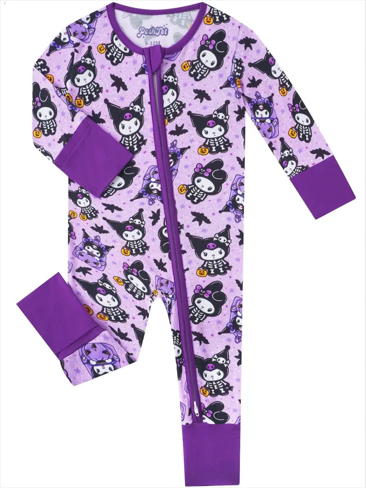 PoshTOT Sanrio Kuromi Spooky Skeltons Purple Bamboo Baby Convertible Zippy Romper