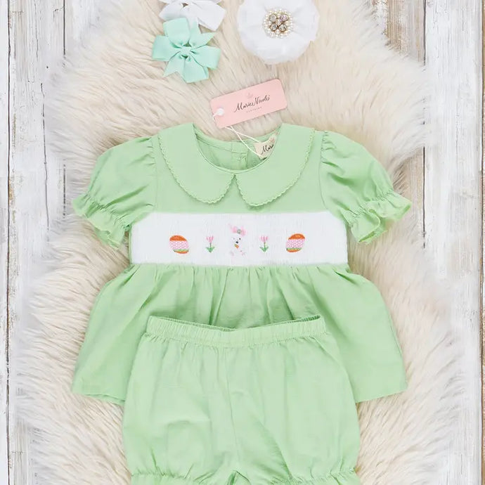 Marie Nicole Soft Green Smocked Easter Bloomers Outfit