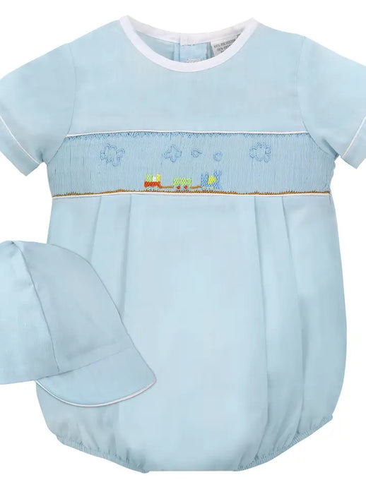 Baby Boy Creeper Romper with Hat - Blue Train