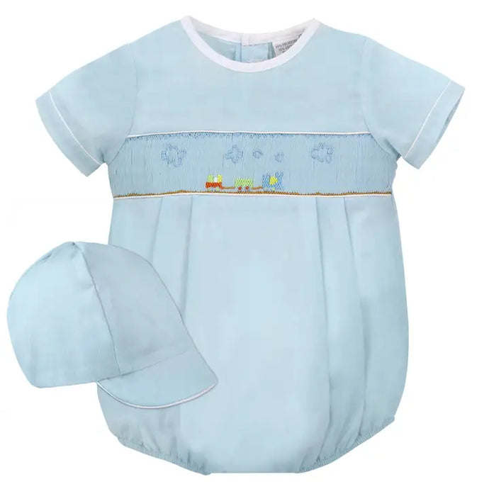 Baby Boy Creeper Romper with Hat - Blue Train