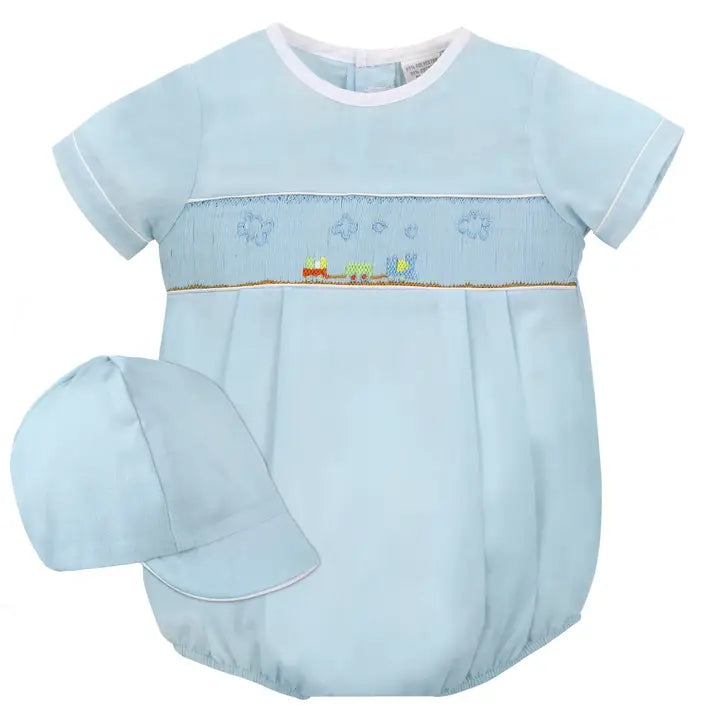 Baby Boy Creeper Romper with Hat - Blue Train