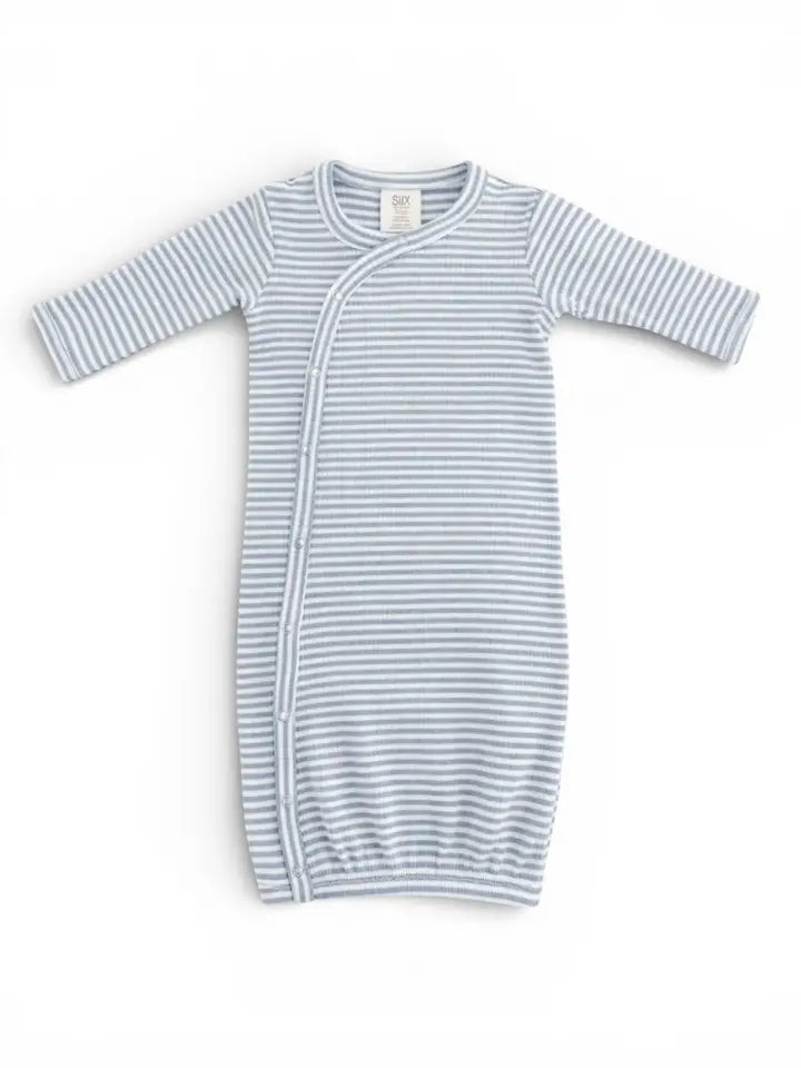 Dusty Blue Stripe / Ribbed Gown W/ Hat 0-3M