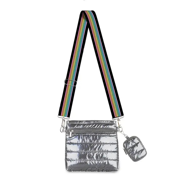 Gunmetal Puffer Crossbody Hip Bag Rainbow Track Strap