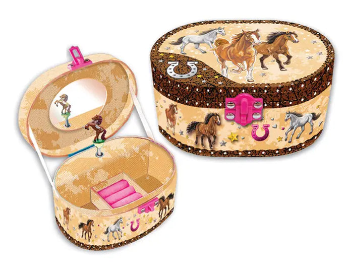 Oval Shaped Dashing Horse Musical Jewelry Box