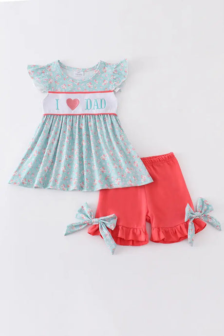 Floral Print I Love Dad Embroidery Girl Set
