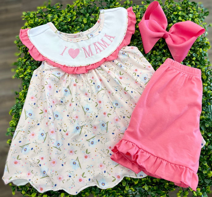 Pink Floral I Love Mama Embroidery Girl Set