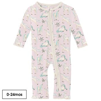 Kickee Pants Print Muffin Ruffle Coverall with 2 Way Zipper in Shrinking Violet Sleeping Unicorns
