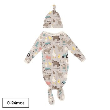 Kickee Pants Print Knotted Layette Gown & Hat Set in Latte Morning on the Farm