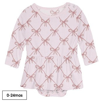 Kickee Pants Print Long Sleeve Skirted One Piece in Shrinking Violet Bow Lattice