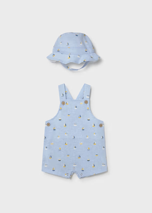 Mayoral Newborn Boy Printed Dungaree and Hat Set Blue