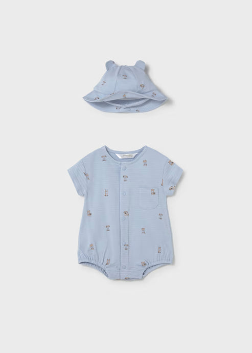 Mayoral Newborn Boy Romper and Hat Set Dog- Sky