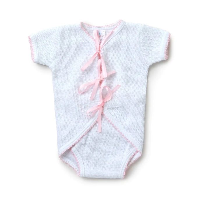 Paty inc. White short sleeve Fold over w/ pink ribbon ties
