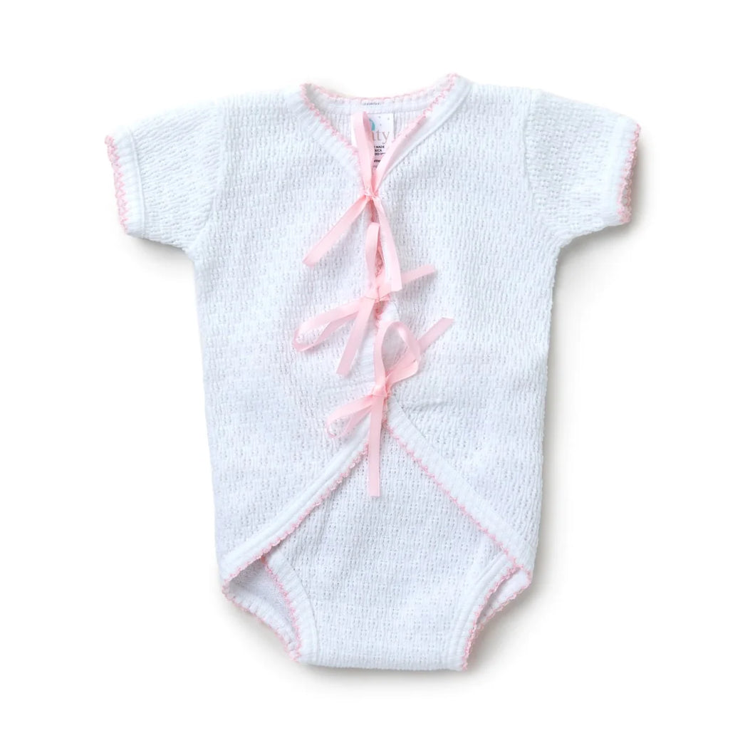 Paty inc. White short sleeve Fold over w/ pink ribbon ties