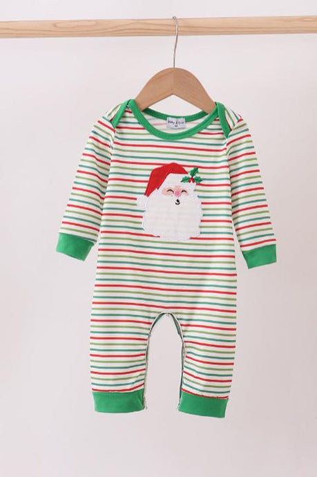 Abby & Evie Green Santa Claus Applique Stripe Romper