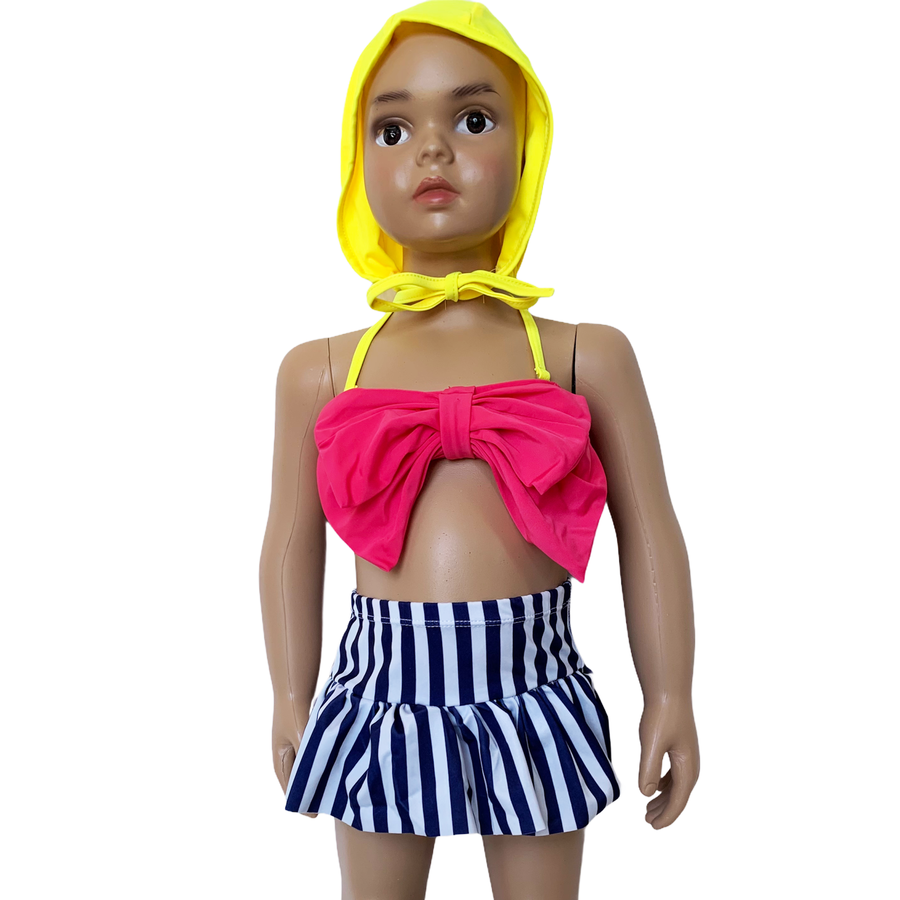 Girls 3 piece Striped Skirt Hot Pink bathing suit
