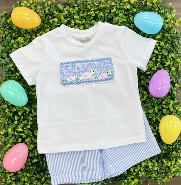 Blue Seersucker Bunnies Smocked Shirt and Shorts Set by Lil Cactus