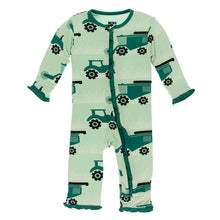 Kickee Pants Print Muffin Ruffle Coverall w Zipper Pistachio Tractor and Wheat