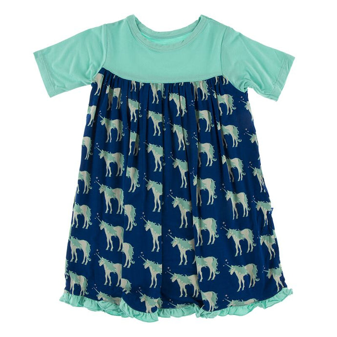 Kickee Pants Print Classic Short Sleeve Swing Dress (Flag Blue Unicorns)