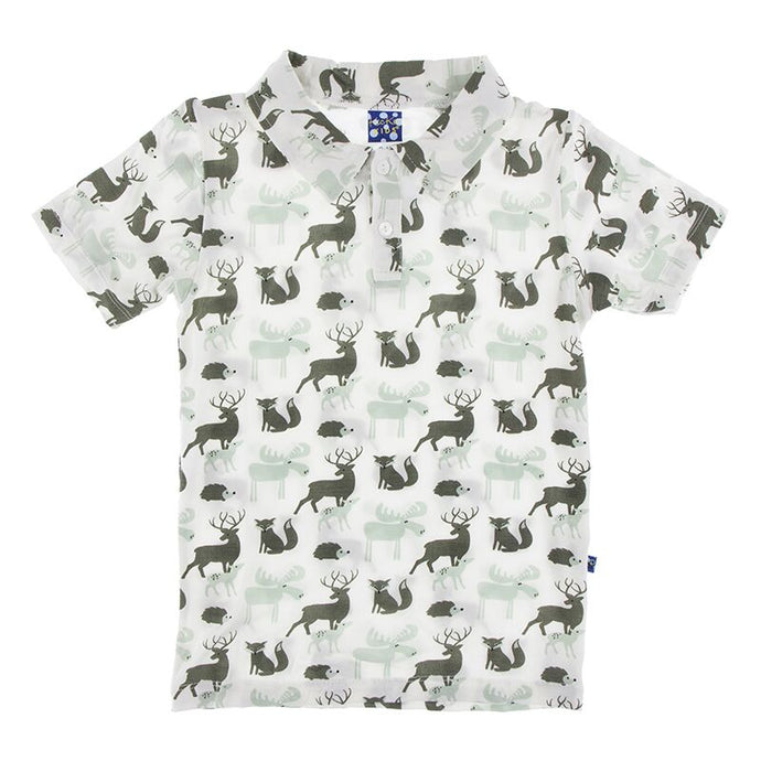 Kickee Pants Print Short Sleeve Polo (Natural Forest Animals - 4T)